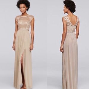 David’s Bridal Gold Metallic Long Bridesmaid Dress